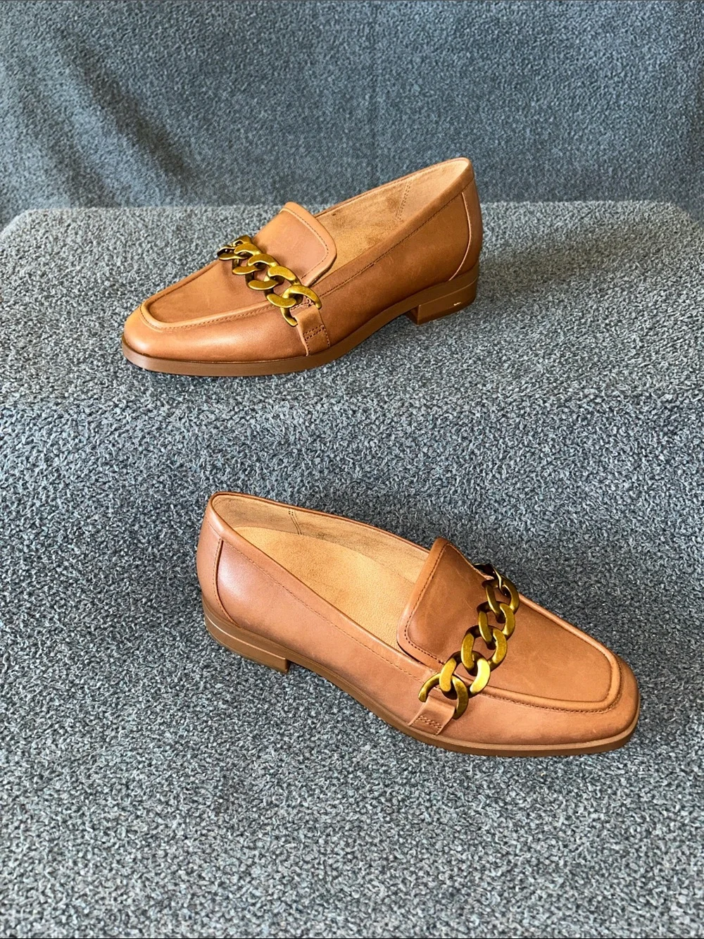 Vionic Brown Leather Loafers with Gold Chain Accent